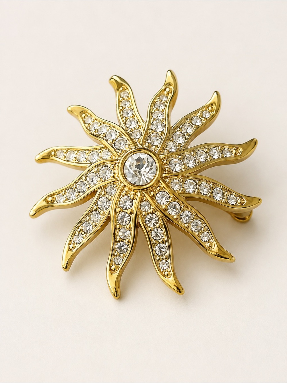 Vintage Swarovski Crystal Sunburst Brooch Gold Tone Swan Signed 1.5 Inch